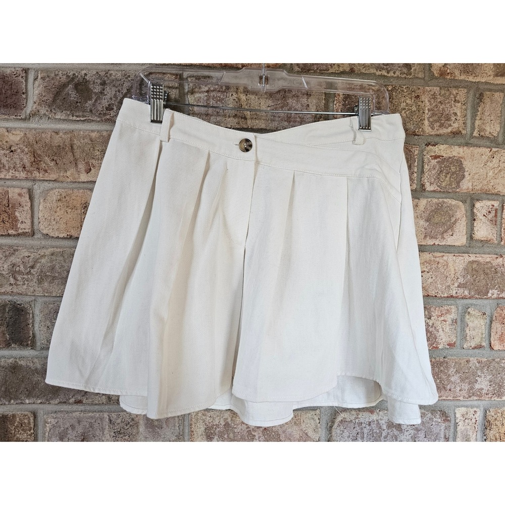 LE LIS COLLECTION L Tara Pleat Skirt Mini Skater Denim‎ Cream Stretch NEW NWT